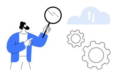 Okları ve dişlileri olan bulut simgesini gösteren büyüteçler. Teknoloji, veri analizi, bulut hesaplama, sistem yönetimi, yenilik, problem çözme, basit iniş için ideal