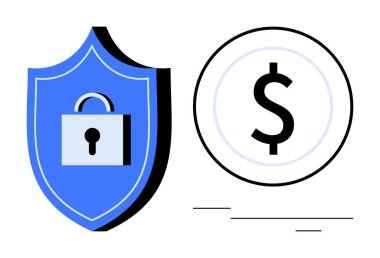 Çemberin içinde dolar işaretinin yanında kilit sembolü olan mavi bir kalkan. Finans, güvenlik, güvenlik, koruma, tasarruf, yatırım, fintech temaları için idealdir. Minimalist düz tasarım metaforu