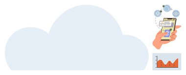 Büyük bulut şekli bulut deposunu temsil ediyor. El ele tutuşan akıllı telefon, aşağıdaki grafikle birlikte simgeler ve uyarılarla çevrili bulut servisini çalıştırır. Teknoloji, çevrimiçi depolama ve veri senkronizasyonu için ideal