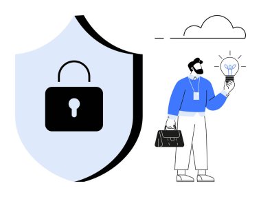 Güvenlik için kilitli bir kalkan. Profesyonel ampulün yanında. Bu da fikri simgeliyor. Siber güvenlik, yenilik, veri koruması, gizlilik, iş, çözümler, kavramsal tasarım için idealdir. Basit.