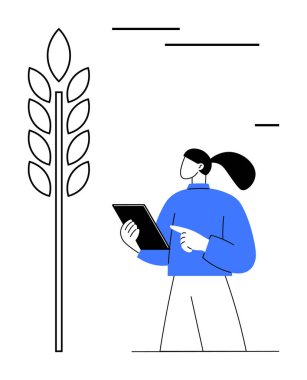 Tablet tutan kişi, bir buğday bitkisini değerlendiriyor. Tarım, teknoloji, yenilik, sürdürülebilirlik, araştırma, eğitim ortamı için idealdir. Basit bir iniş sayfası için mükemmel.