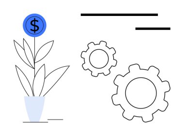 Üzerinde mavi dolar sembolü olan saksı bitkisi, iki vites hareket halinde ve doğrusal elementler. Finansal büyüme, yatırım, mekanizma, üretkenlik, yenilik, teknoloji sade iniş sayfası