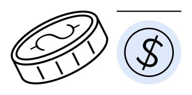 Dolar işareti olan tek bir sikke ve finansal kavramları vurgulayan yuvarlak bir dolar simgesi. Bankacılık, yatırımlar, bütçe yönetimi, ecommerce, kripto para birimi, tasarruflar için idealdir. Basit düz