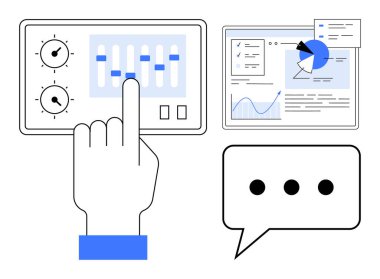 El kaydırıcılarla, analitik gösterge paneli çizelgelerle ve iletişim baloncuklarıyla etkileşime giriyor. Teknoloji arayüzü, veri görselleştirme, analitik araçlar, iletişim, izleme, basit gösterge paneli için ideal