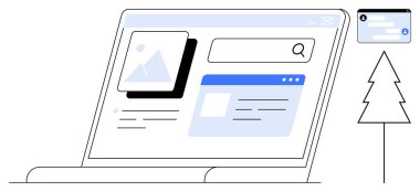 Bir ağaç simgesinin yanında arama çubuğu, resim ve kart düzenine sahip dijital aygıt. Teknoloji, sürdürülebilirlik, kullanıcı arayüzü, UIUX tasarımı, yaratıcılık, yenilik için ideal basit iniş sayfası