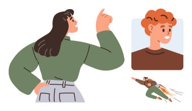 Motivasyon pozu veren bir kadın gülümseyen bir adamın çerçeveli portresi, uçan bir süper kahraman figürü. Liderlik için ideal, güçlendirme, takım çalışması, yaratıcılık, arzu, kendini ifade etme