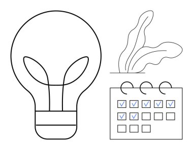 Yaprak telli ampul, yapraklı bitki ve işaretli tarihli takvim. Sürdürülebilirlik, yenilik, planlama, eko-dostluk, verimlilik yeşil enerji büyümesi için ideal. Basit düz