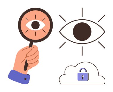 Gözlü büyüteç, kalın bir görsel göz sembolü ve kilitli bir bulut simgesi. Gizlilik, veri koruması, güvenlik, gözetleme, odaklanma teknolojisi ve görselleştirme için ideal. Kalın ve sade