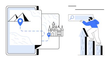 Güzergah ve işaretlerle mobil harita arayüzü, yukarı bakan oklarda arama yapan kişi. Navigasyon, turizm, keşif, teknoloji, büyüme, araştırma iş stratejisi için ideal. Basit düz metafor