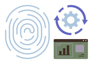 Parmak izi biyometrik tasarımı, vites işleme otomasyonunu sembolize etme ve veri analiz grafik arayüzü. Güvenlik, teknoloji, otomasyon, kimlik, analiz yenilik verimliliği için idealdir. Basit.