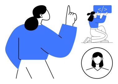 Kadının elini kaldırması fikri sembolize ediyor, geliştirici ekranda kodla çalışıyor, basitleştirilmiş profil resmi. Yenilik, eğitim, kodlama, takım çalışması, dijital uygulamalar, kullanıcı profilleri için ideal