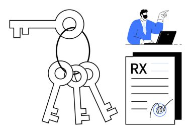 Anahtarlıktaki anahtarlıklar, imzalı RX belgesi, dizüstü bilgisayarı işaret eden biri. Güvenlik, erişim, onay, anahtar karar verme, güven ve sorumluluk için ideal basit düz metafor