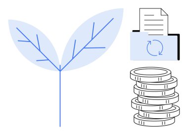 Bitki yaprakları büyümeyi, birikmiş paralar zenginliği, klasördeki belgeler ise veri ve raporlamayı sembolize ediyor. Finans, sürdürülebilirlik, yatırım, iş stratejisi, eko-ekonomi için ideal