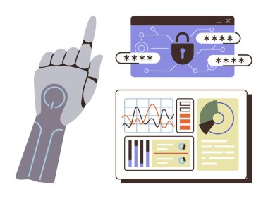 Robot el güvenli giriş arayüzünü ve veri panelini gösteriyor. Siber güvenlik, yapay zeka, robot teknolojisi, veri güvenliği, analitik, yenilik, otomasyon için ideal. Basit düz metafor