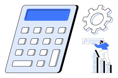 Büyük hesap makinesi, optimizasyon için çark ve büyüme çubuğu grafiğiyle arama çubuğunu analiz eden adam. Finans, verimlilik, iş stratejisi, optimizasyon, veri araştırma verimliliği için ideal. Basit.
