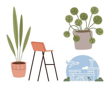 Uzun kapalı bir tesis, yuvarlak yapraklı saksı bitkisi, modern sandalye, havaalanı binası, uçan uçak. İç tasarım, seyahat, minimalizm, yaşam tarzı yeşil alanlar, temiz estetik