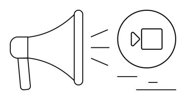 Çember içindeki bir çalma tuşuna ses dalgaları yansıtan megafon, video içeriği tanıtımını temsil ediyor. Pazarlama, reklam, video kampanyaları, iletişim, markalaşma, medya stratejisi için ideal