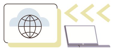 Küresel bağlantıyı, laptopu ve veri paylaşımını sembolize eden okları simgeleyen küre şeklinde bir bulut simgesi. Teknoloji, bulut hesaplama, iletişim, ağ, uzaktan çalışma, dijital