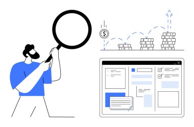 Büyüteç tutan erkek figürü arayüzü inceliyor ve yukarı doğru oklu bozuk paralar istifliyor. Analiz, finans, teknoloji, üretkenlik, büyüme, araştırma, karar verme üzerine odaklanın. İdeal