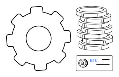Yanında istiflenmiş madeni paralar ve kripto para birimini temsil eden Bitcoin cüzdan arayüzü, blok zinciri, madencilik, ekonomik yenilik. Finans, teknoloji, dijital para birimi, girişimler ve fintech için ideal