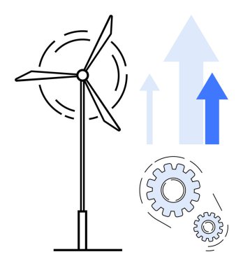 Dönen dişliler ve oklarla çevrili rüzgar türbini yenilik, sürdürülebilirlik ve ilerlemeyi sembolize ediyor. Yenilenebilir enerji, büyüme, mühendislik, takım çalışması, verimlilik ve yeşil teknoloji için ideal