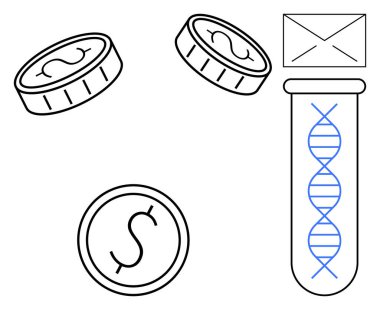 Madeni paralar finansmanı temsil eder. Test tüpündeki DNA ipliği genetik araştırmayı ifade eder. Zarf da iletişimi. Bilim finansmanı, biyoteknoloji, yatırım, yenilik, genetik, araştırma sağlığı için ideal