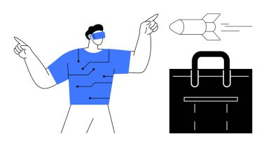 VR kulaklık takan ve roket ve evrak çantasını işaret eden bir adam. Teknoloji, yenilik, sanal gerçeklik, gelecek planlama, iş stratejisi, keşif için ideal, basit daire