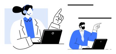 Kulaklık takan kadın profesyonel ve erkek meslektaşı, her biri dizüstü bilgisayar kullanıyor. Takım çalışması, uzaktan çalışma, işbirliği, müşteri hizmetleri, çevrimiçi toplantılar, sanal yardım, dijital