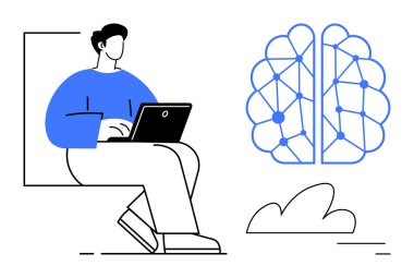 Sinir bağlantıları olan soyut dijital beynin yanında dizüstü bilgisayarda çalışan bir birey. Teknoloji, yenilik, yapay zeka, eğitim, araştırma, yaratıcılık, üretkenlik, basit iniş sayfası için ideal