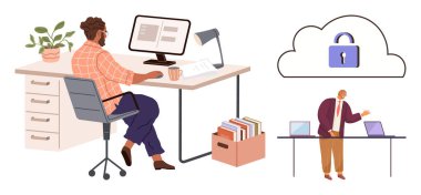 Bilgisayarlı bir adam masasında çalışırken, bilgisayarlı bir bulut ve dizüstü bilgisayarlı sunucu güvenli çevrimiçi veri kullanımını vurguluyor. Teknoloji, güvenlik, bulut depolama, iş, siber güvenlik, iş için ideal