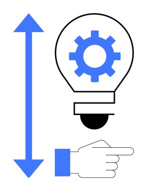 Teçhizatlı ampul yenilik ve fikirleri simgeler, dikey ok strateji ya da büyümeyi gösterir ve el işaretleri yön ya da rehberliği gösterir. Yaratıcılık, karar verme, strateji için ideal