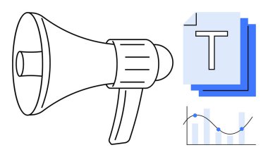 Megafon, yığın halinde metin dokümanları ve çizgi grafik ve çubuklarla analitik şeması iletişim, pazarlama, veri analizi, içerik oluşturma, strateji planlaması iletir. Markalaşma ve iş için ideal.
