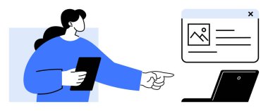 Tablet tutan kadın, bilgi veren dizüstü bilgisayara işaret ediyor. Eğitim, dijital öğrenme, sunum, çevrimiçi iletişim, içerik yönetimi, teknoloji adaptasyonu için idealdir. Basit düz