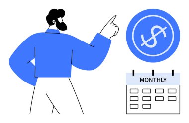 Dolar simgesini ve aylık takvimi gösteren kişi finansal planlamayı vurguluyor. Bütçe, tasarruf, abonelik, gider takibi, zenginlik yönetimi, ödeme hatırlatıcıları, basit bir daire için ideal