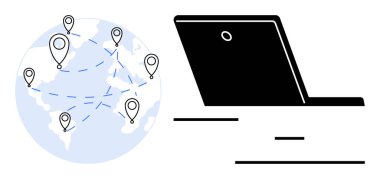 Bir dizüstü bilgisayarın yanındaki kesik çizgilerle birbirine bağlanmış lobutlarla dolu bir dünya. Temalar için ideal iletişim, ağ oluşturma, uzak çalışma, teknoloji, dijital öğrenme, küreselleşme ve basit iniş