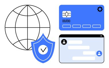 Bağlantıyı temsil eden dünya, güvenli kalkan, mavi ödeme kartı, kullanıcı sohbet penceresi. Siber güvenlik için ideal, çevrimiçi ödeme, veri güvenliği, fintech, e-ticaret kullanıcı arayüzü basit iniş sayfası