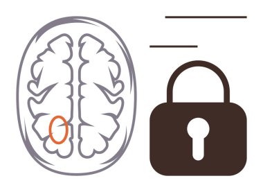 Hafıza, akıl sağlığı ve güvenlik arasındaki bağlantıyı gösteren asma kilidin yanında vurgulanmış alanla ilgili beyin diyagramı. Nöroloji, gizlilik, güvenlik, beyin sağlığı ve şifreleme için ideal