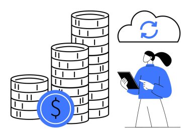 Tablet kullanan kadın, yüksek para desteleri ve bulut senkronizasyonu simgesi yakınlarındaki mali analizleri yapıyor. Finans, veri analizi, teknoloji, yatırım, bankacılık, ekonomi, basit iniş sayfası için ideal