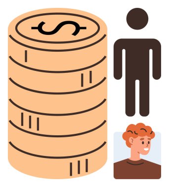 En az insan figürünün ve gülümseyen yüz profilinin yanında dolar işareti olan bozuk para yığını. Finans, ekonomi, zenginlik, tasarruf, maaş, karar verme, yatırım için ideal. Basit düz metafor