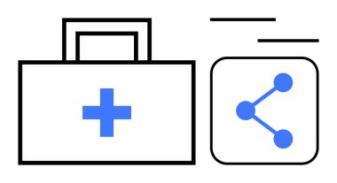 Sağlık hizmetleri erişimini, bağlantıyı ve iletişimi temsil eden haç ve ağ paylaşım ikonuna sahip sağlık kiti. Teletıp, işbirliği, yenilik ve basit bir iniş sayfası için ideal.