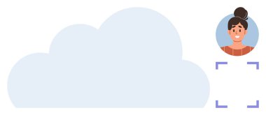 Büyük bulut şekli, kadın kullanıcı profili ve yüz tanıma sistemi. Teknoloji, güvenlik, kimlik doğrulama, veri depolama, bulut bilgisayarı yapay zeka gizliliği için ideal. Basit düz metafor