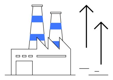 Bacalı fabrika binası, çizgili bacalar ve yukarı doğru üç ok. Sanayi büyümesi, iş büyümesi, üretim eğilimleri, üretim, ilerleme ölçümleri, ekonomi ve basit