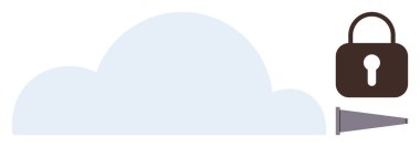 Minimalist bulut, kilit ve izleme konisi teknolojiyi, veri korumasını ve siber güvenliği vurguluyor. İnternet güvenliği, mahremiyet, çevrimiçi depolama, bilişim güvenlik bulutu erişimi izleme için ideal