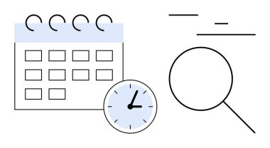 Saat ve büyüteçle takvim zaman yönetimi, planlama ve analizi sembolize ediyor. Üretkenlik, teslim tarihleri, organizasyon, araştırma, verimlilik odağı ve basit bir