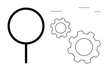 Büyüteç iki vitese odaklanıyor, araştırmayı, optimizasyonu ve sistem işlevselliğini sembolize ediyor. Analiz, mekanik, yenilik, problem çözme, teknoloji stratejisi için ideal