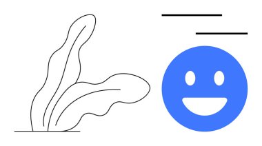 Asgari çizgileri olan soyut bir siyah yaprağın yanında mavi mutlu yüz. İyimserlik, yaratıcılık, akıl sağlığı, refah, dijital uygulamalar, markalaşma, basit iniş sayfası için ideal