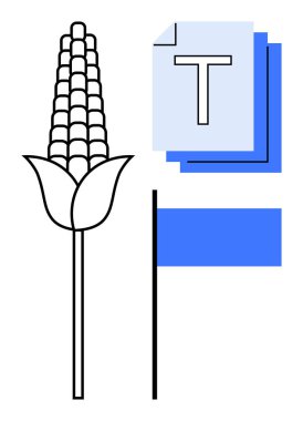 Mısır sapı, katmanlı metin sayfaları ve koyu siyah ve mavi çizgili bayrak ikonu. Tarım, belge organizasyonu, navigasyon, sürdürülebilirlik, eğitim için ideal, asgari tasarım basit iniş sayfası