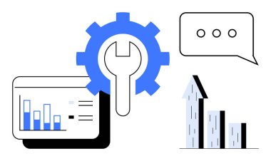Dişli ve ingiliz anahtarı araçları temsil eder, bar çizelgesi ve büyüme grafiği ilerlemeyi gösterir, konuşma balonu işbirliği önerir. Yenilik için ideal, ilerleme izleme, takım çalışması, teknik çözümler, iş