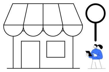 Tenteli küçük bir vitrin, arama yapan büyüteç ve tablet kullanan insan. İş araştırması için ideal, küçük işletme, piyasa analizi, perakende, müşteri anlayışı, strateji basit