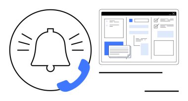 Çağrı simgesi ile çan çalması bildirim ve iletişimi temsil ediyor. Metin blokları ile bitişik masaüstü arayüzü. İletişim, organizasyon, görev yönetimi, alarmlar, iş araçları için ideal